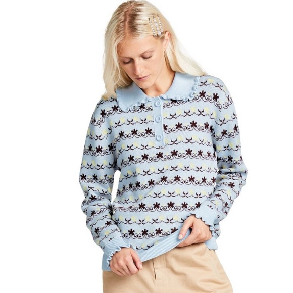 NWT Sandy Liang Jacquard Collared Pullover Sweater - Picture 1 of 4